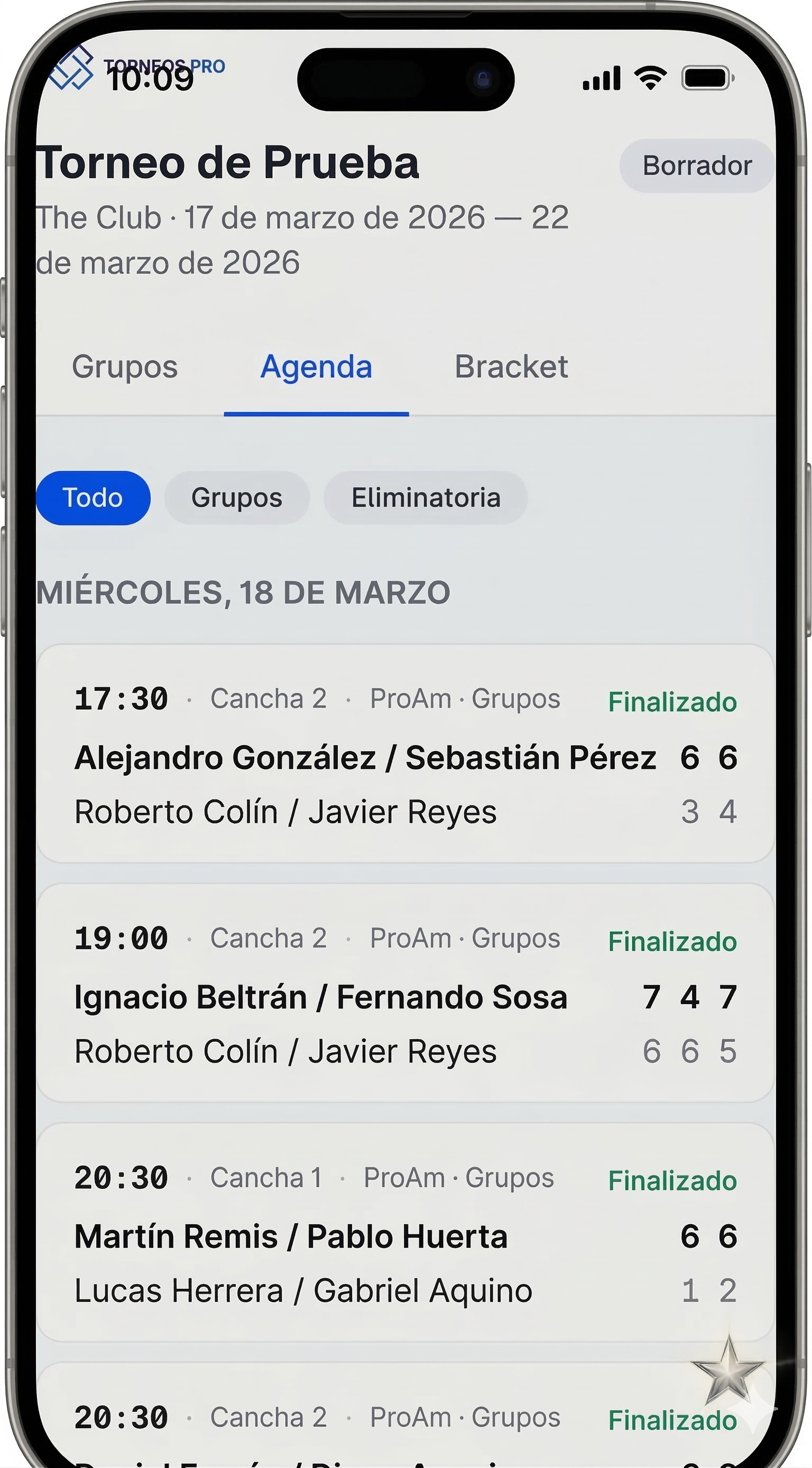 Vista de agenda en la app móvil de Torneos Pro